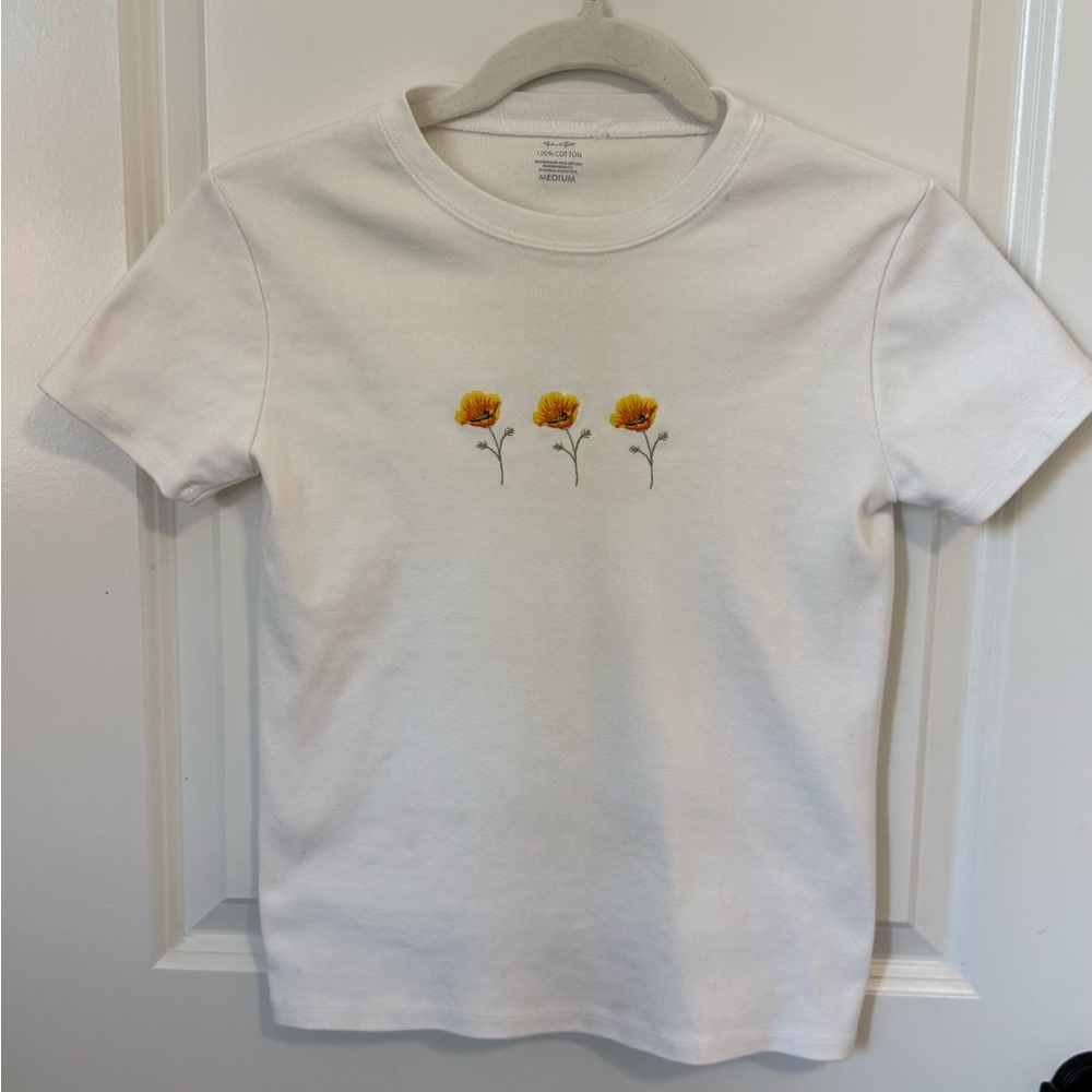 Brandy Melville White Tee with Yellow Floral Embroidery